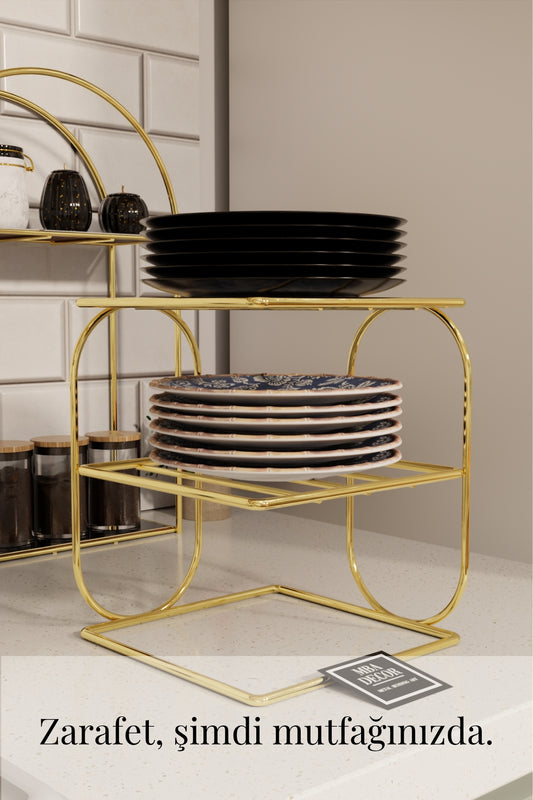 Gold Metal 2 Katlı Tabaklık – Tezgah Üstü Mutfak Düzenleyici Raf Stand Organizer