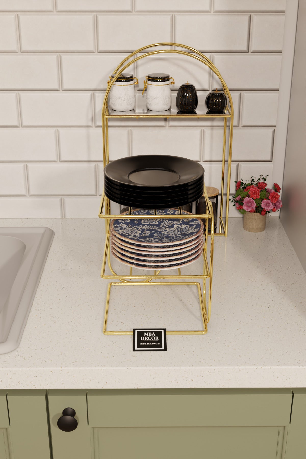 Gold Metal 2 Katlı Tabaklık – Tezgah Üstü Mutfak Düzenleyici Raf Stand Organizer