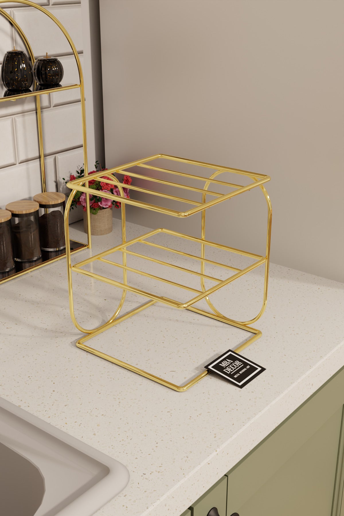 Gold Metal 2 Katlı Tabaklık – Tezgah Üstü Mutfak Düzenleyici Raf Stand Organizer