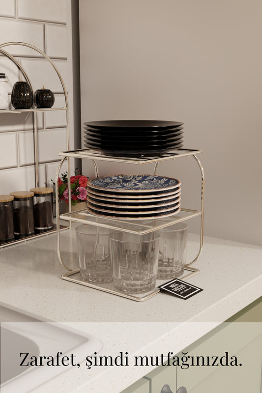 Gümüş Metal 2 Katlı Tabaklık – Tezgah Üstü Mutfak Düzenleyici Raf Stand Organizer