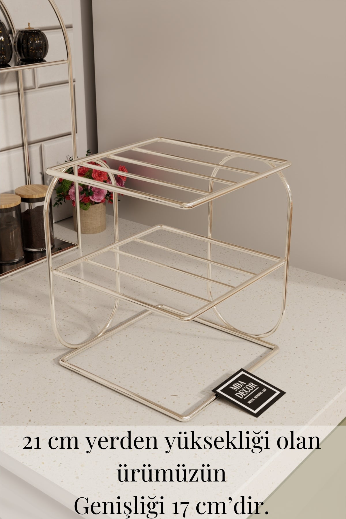 Gümüş Metal 2 Katlı Tabaklık – Tezgah Üstü Mutfak Düzenleyici Raf Stand Organizer