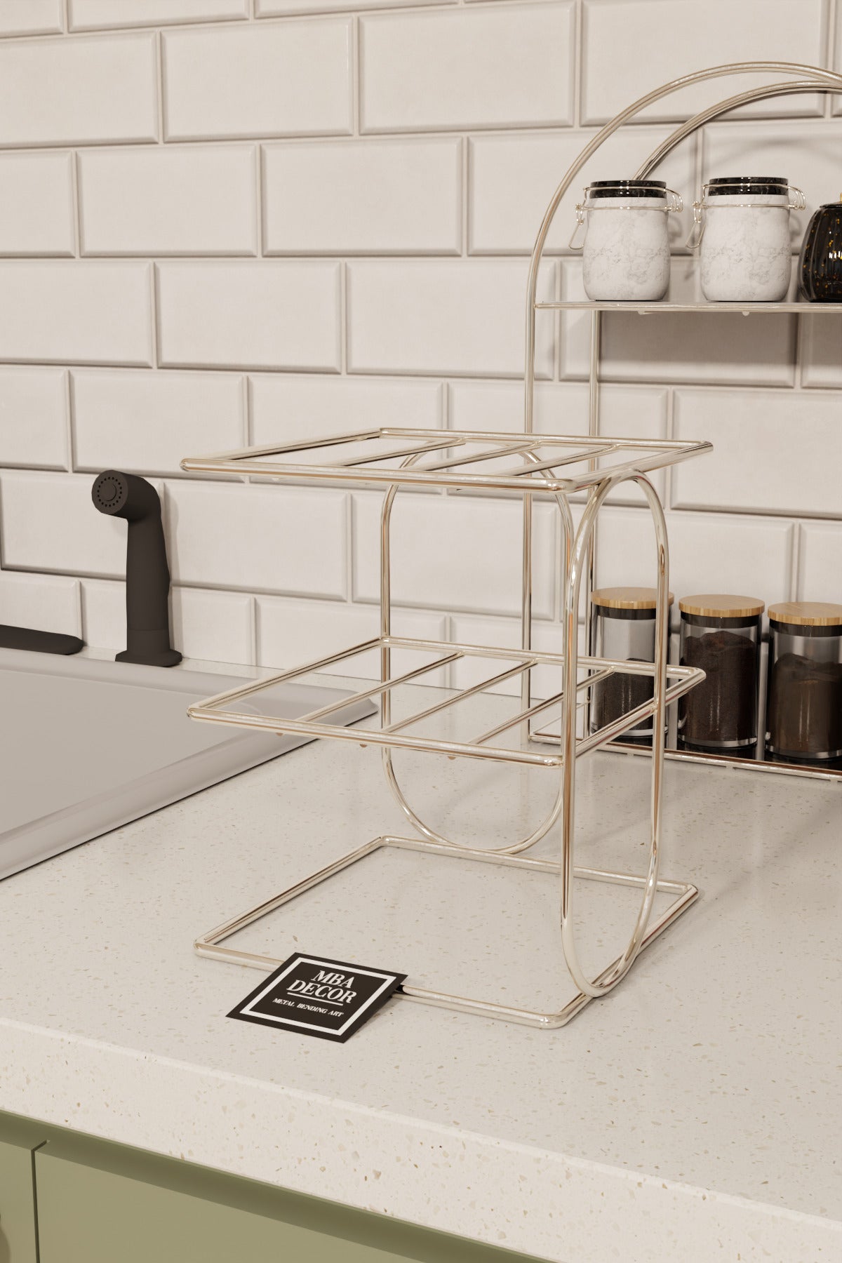 Gümüş Metal 2 Katlı Tabaklık – Tezgah Üstü Mutfak Düzenleyici Raf Stand Organizer