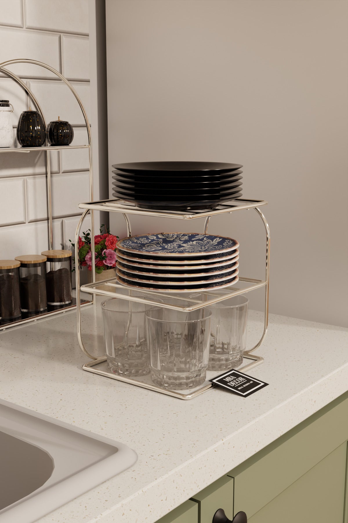 Gümüş Metal 2 Katlı Tabaklık – Tezgah Üstü Mutfak Düzenleyici Raf Stand Organizer