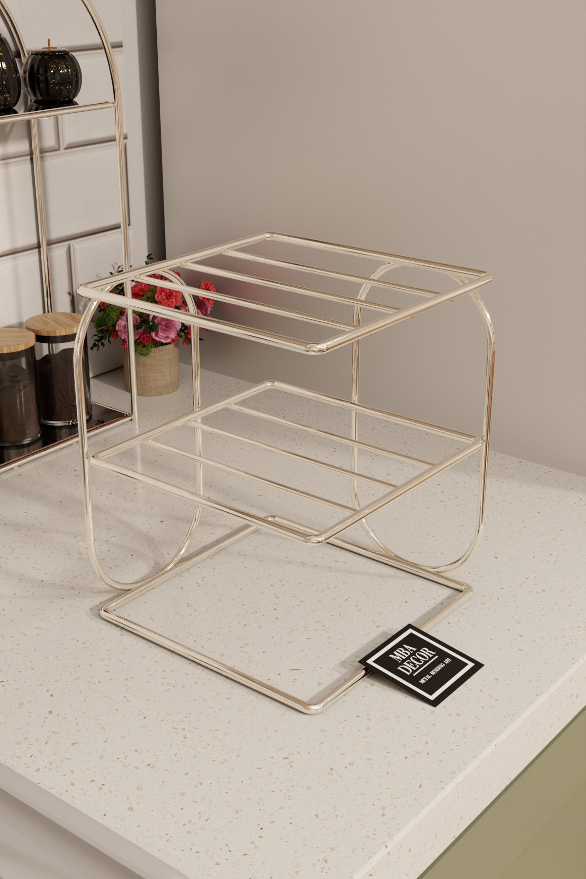 Gümüş Metal 2 Katlı Tabaklık – Tezgah Üstü Mutfak Düzenleyici Raf Stand Organizer