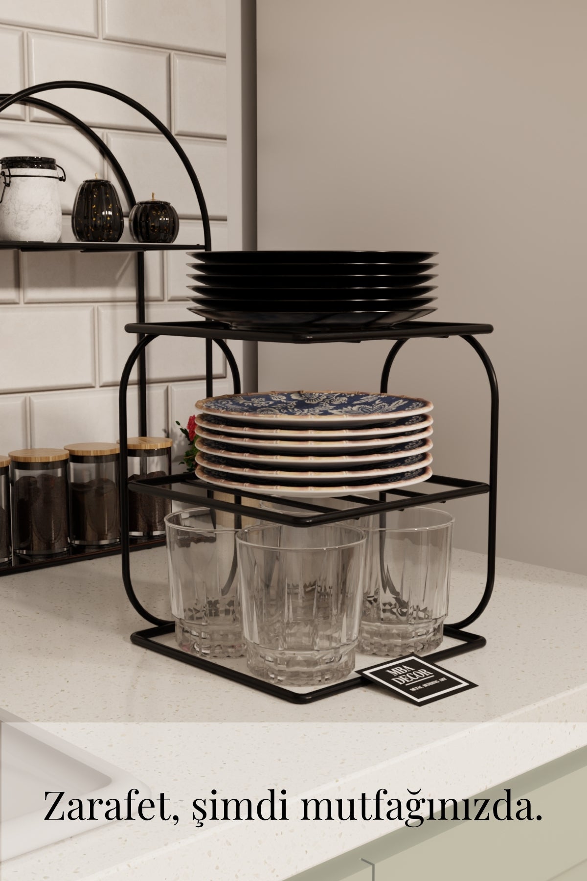 Siyah Metal 2 Katlı Tabaklık – Tezgah Üstü Mutfak Düzenleyici Raf Stand Organizer