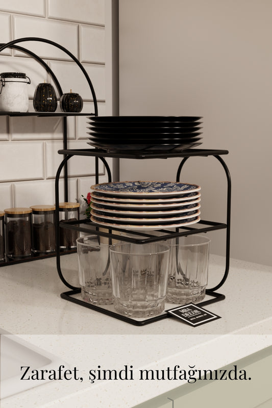 Siyah Metal 2 Katlı Tabaklık – Tezgah Üstü Mutfak Düzenleyici Raf Stand Organizer