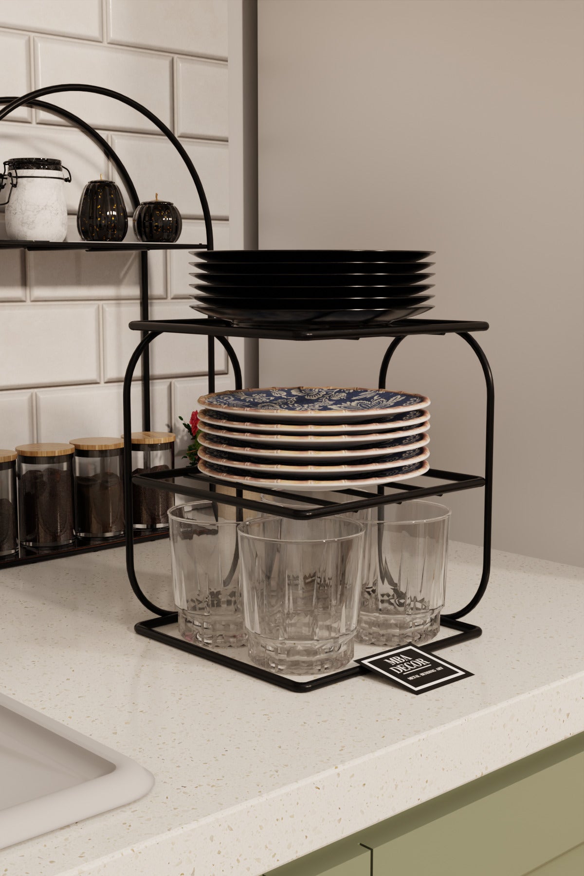Siyah Metal 2 Katlı Tabaklık – Tezgah Üstü Mutfak Düzenleyici Raf Stand Organizer