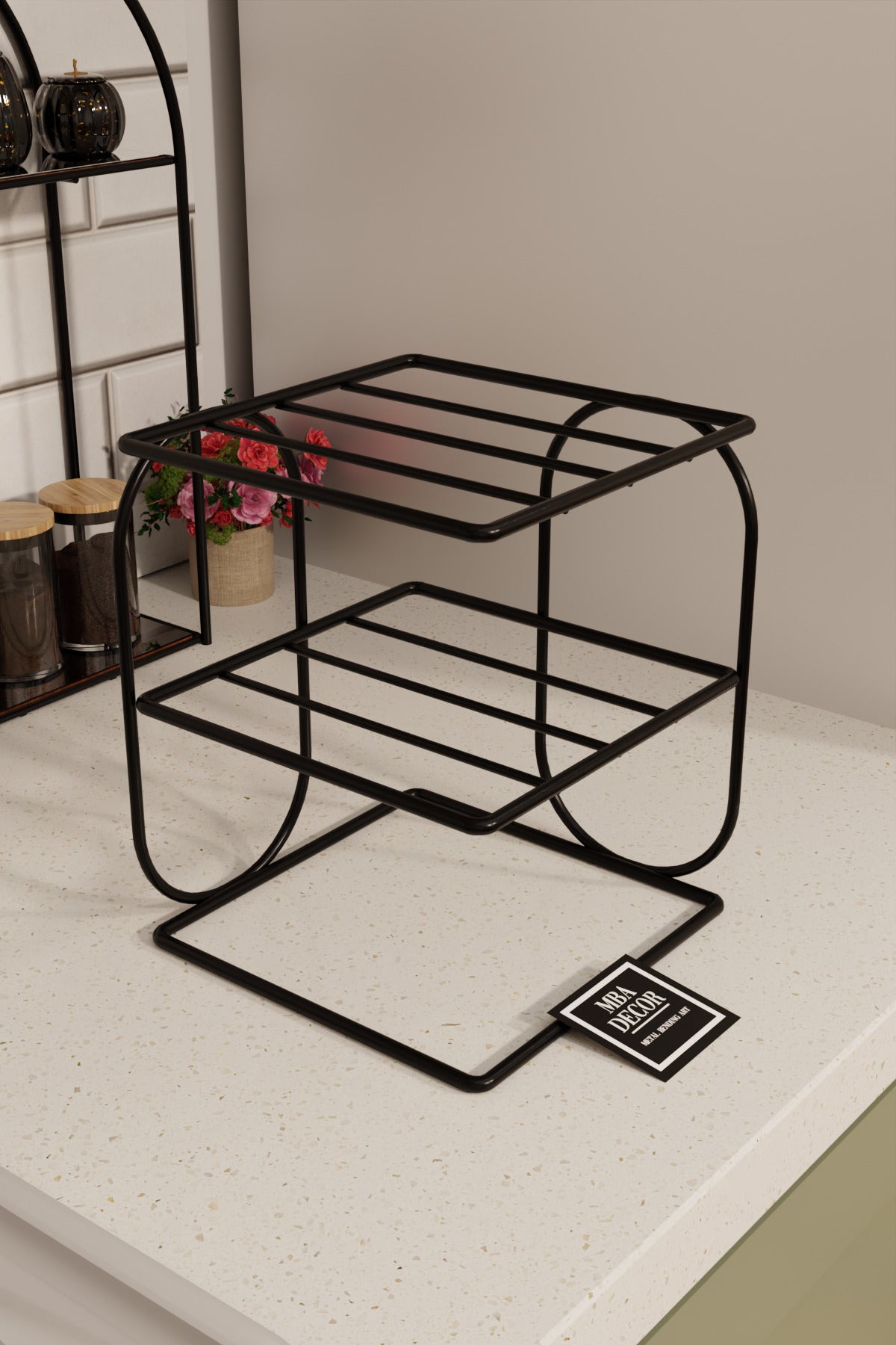 Siyah Metal 2 Katlı Tabaklık – Tezgah Üstü Mutfak Düzenleyici Raf Stand Organizer