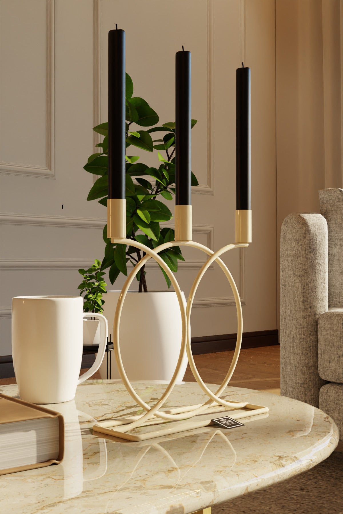 İskandinav Tarz 3’lü Metal Şamdan Mumluk Krem Geometri, Modern Dekoratif Ev Aksesuarı Minimalist