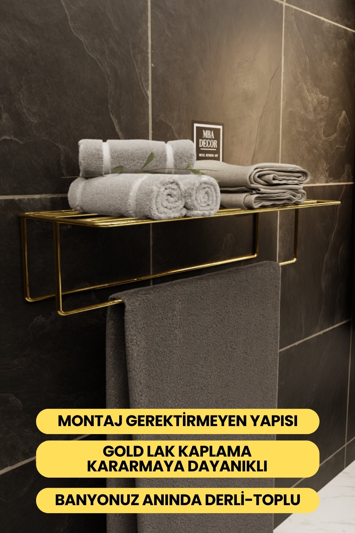 Gold Kendinden Yapışkanlı Banyo Havluluk Raf – Montaj Gerektirmez, Şıklık & Düzen