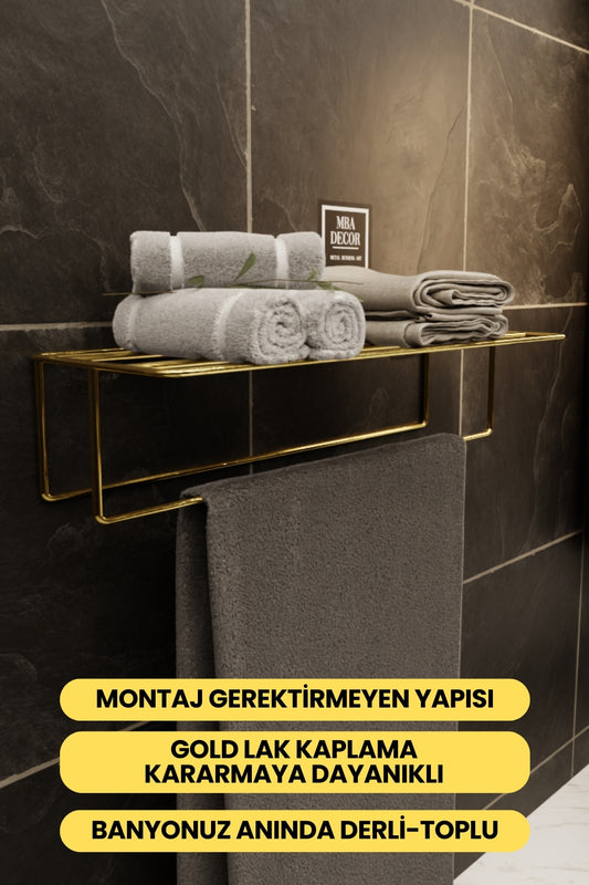 Gold Kendinden Yapışkanlı Banyo Havluluk Raf – Montaj Gerektirmez, Şıklık & Düzen
