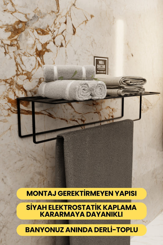 Siyah Kendinden Yapışkanlı Banyo Havluluk Raf – Montaj Gerektirmez, Modern & Şık