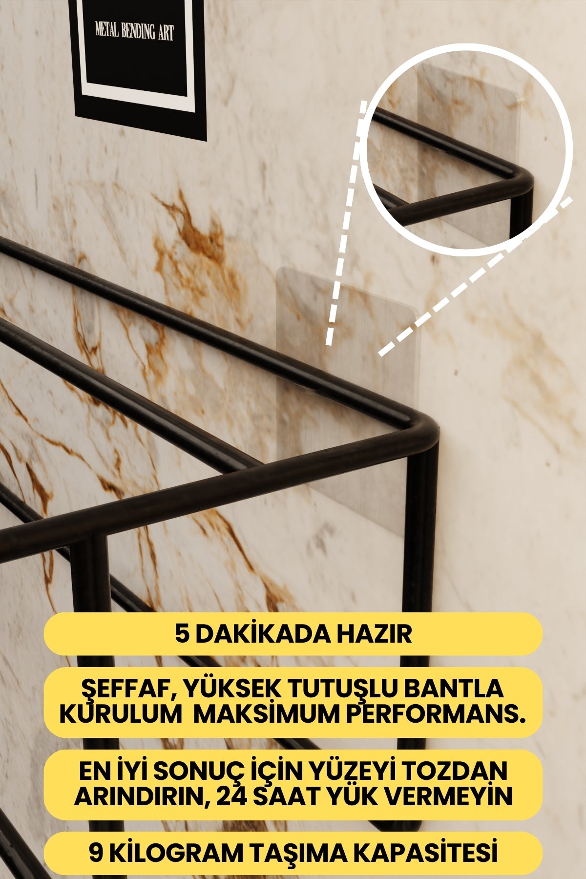 Siyah Kendinden Yapışkanlı Banyo Havluluk Raf – Montaj Gerektirmez, Modern & Şık