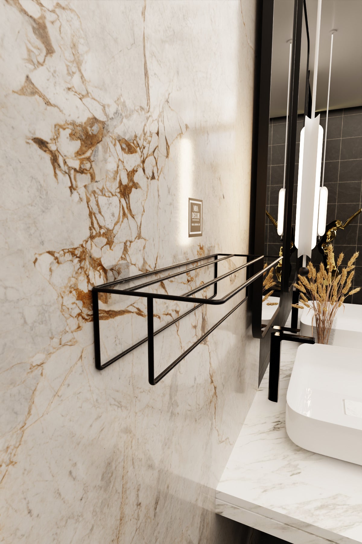 Siyah Kendinden Yapışkanlı Banyo Havluluk Raf – Montaj Gerektirmez, Modern & Şık