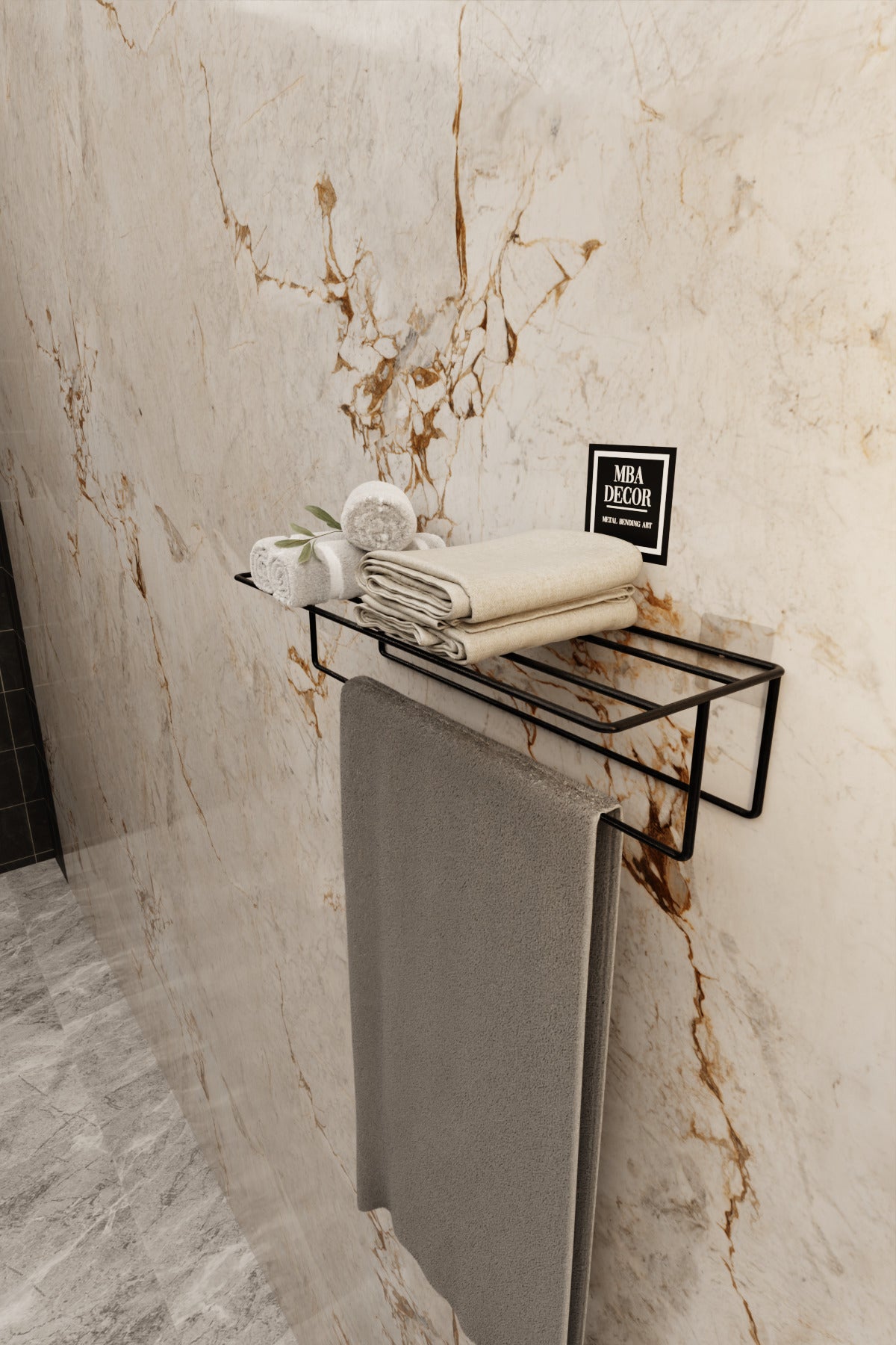 Siyah Kendinden Yapışkanlı Banyo Havluluk Raf – Montaj Gerektirmez, Modern & Şık