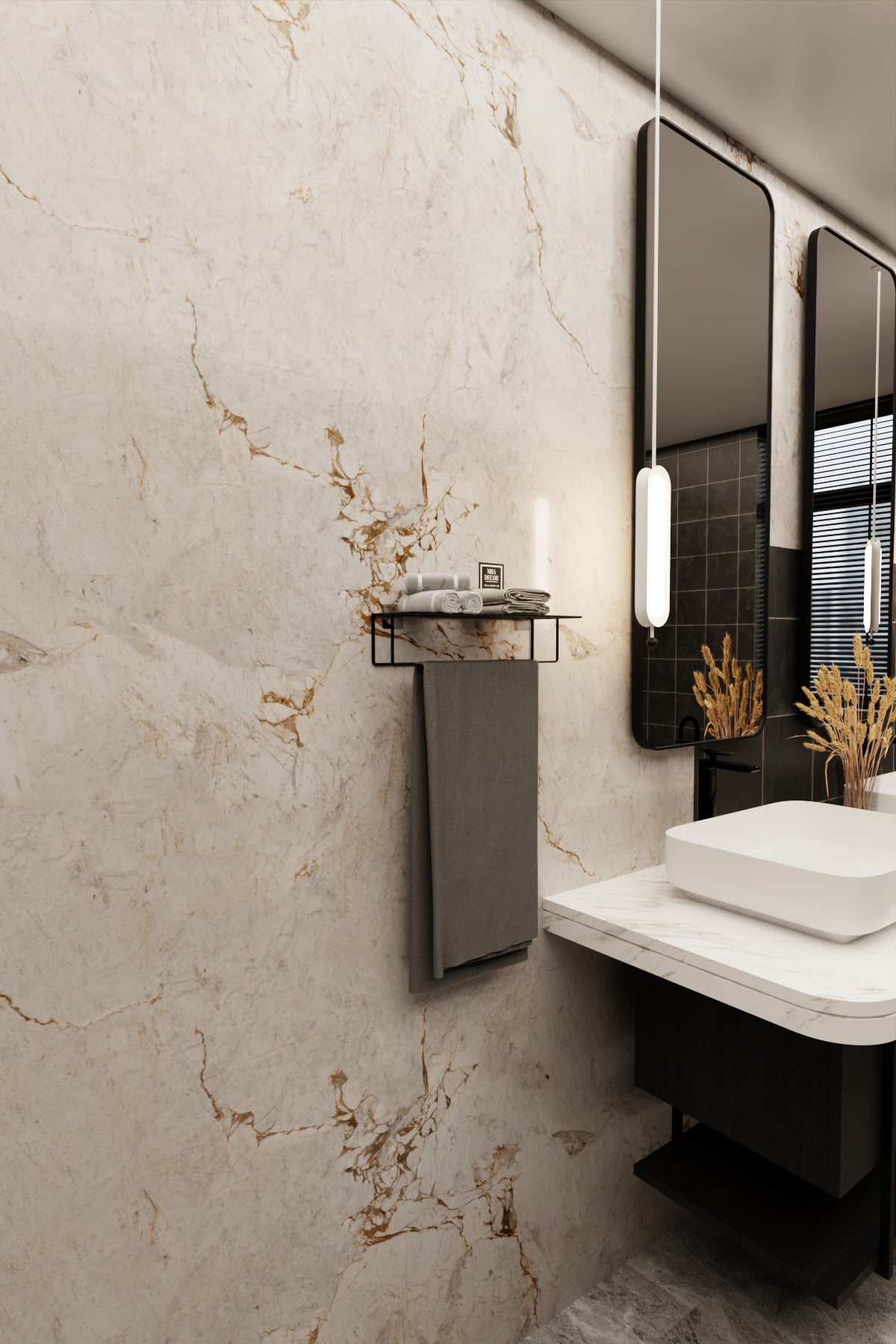Siyah Kendinden Yapışkanlı Banyo Havluluk Raf – Montaj Gerektirmez, Modern & Şık