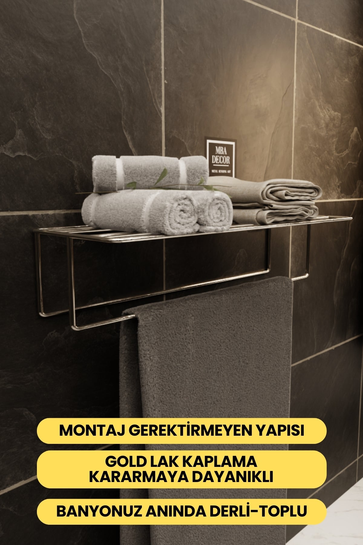 Gümüş Kendinden Yapışkanlı Banyo Havluluk Raf – Montaj Gerektirmez, Paslanmaz & Şık