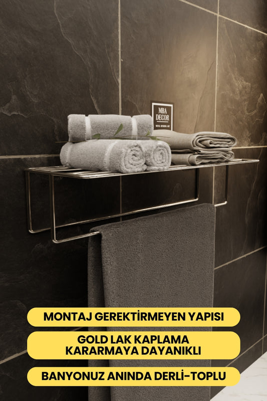 Gümüş Kendinden Yapışkanlı Banyo Havluluk Raf – Montaj Gerektirmez, Paslanmaz & Şık