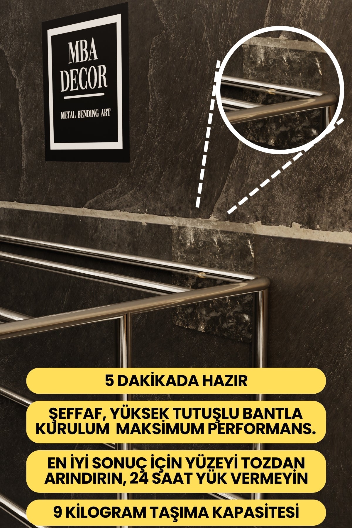 Gümüş Kendinden Yapışkanlı Banyo Havluluk Raf – Montaj Gerektirmez, Paslanmaz & Şık