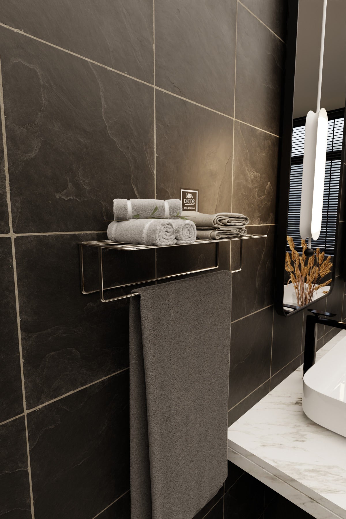 Gümüş Kendinden Yapışkanlı Banyo Havluluk Raf – Montaj Gerektirmez, Paslanmaz & Şık