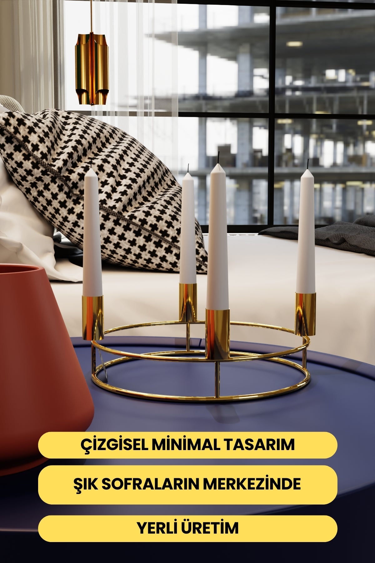 Perla Model Gold Metal 4’lü Şamdan Dekoratif Mumluk Modern Sofra Ev Dekorasyonu