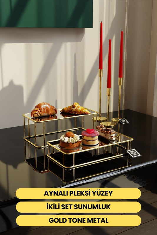 Prisma Model Gold Aynalı Sunum Tepsisi – İkili Set | Dekoratif & Şık Sunum 30x15cm