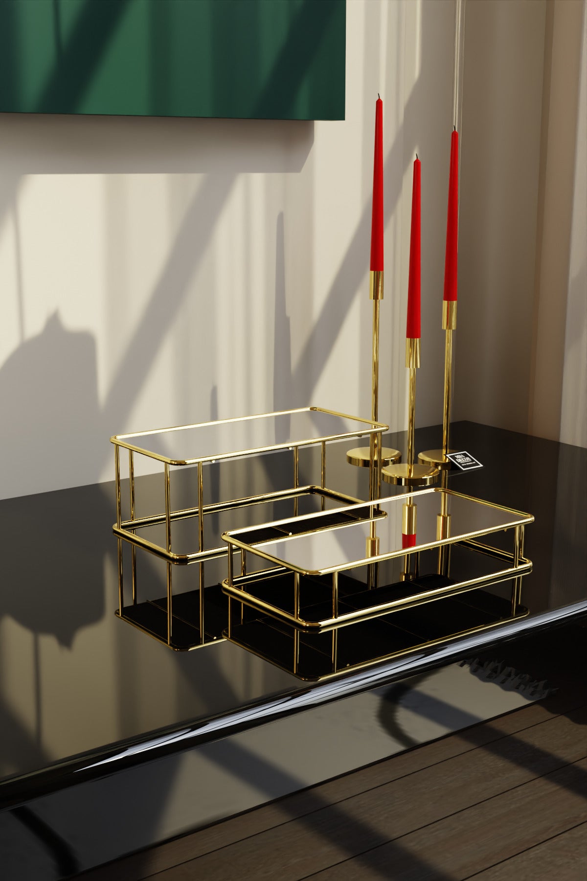 Prisma Model Gold Aynalı Sunum Tepsisi – İkili Set | Dekoratif & Şık Sunum 30x15cm
