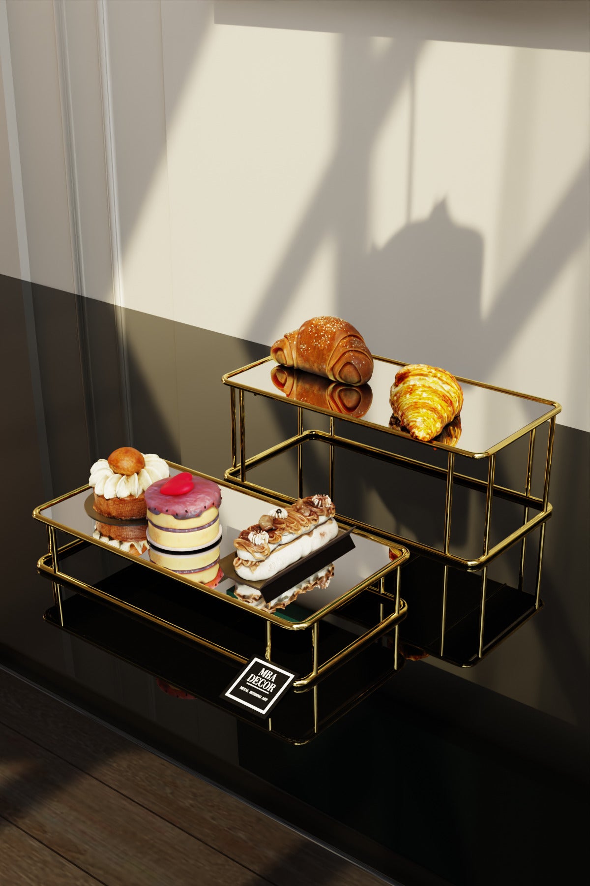 Prisma Model Gold Aynalı Sunum Tepsisi – İkili Set | Dekoratif & Şık Sunum 30x15cm