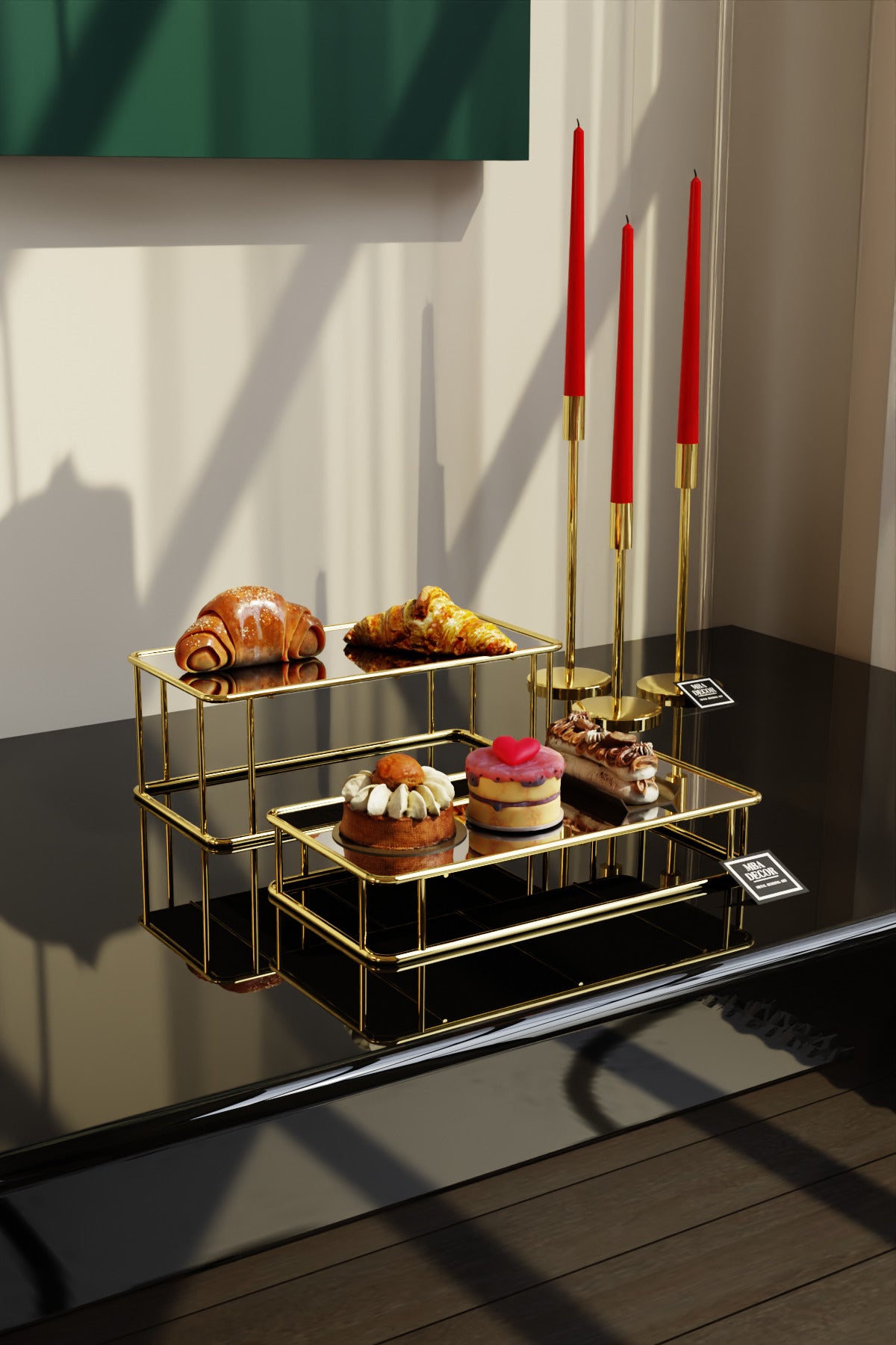 Prisma Model Gold Aynalı Sunum Tepsisi – İkili Set | Dekoratif & Şık Sunum 30x15cm