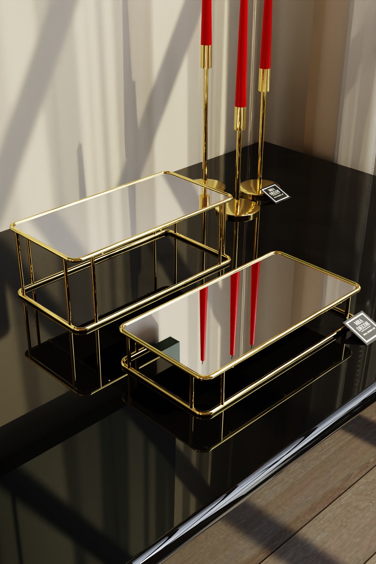 Prisma Model Gold Aynalı Sunum Tepsisi – İkili Set | Dekoratif & Şık Sunum 30x15cm