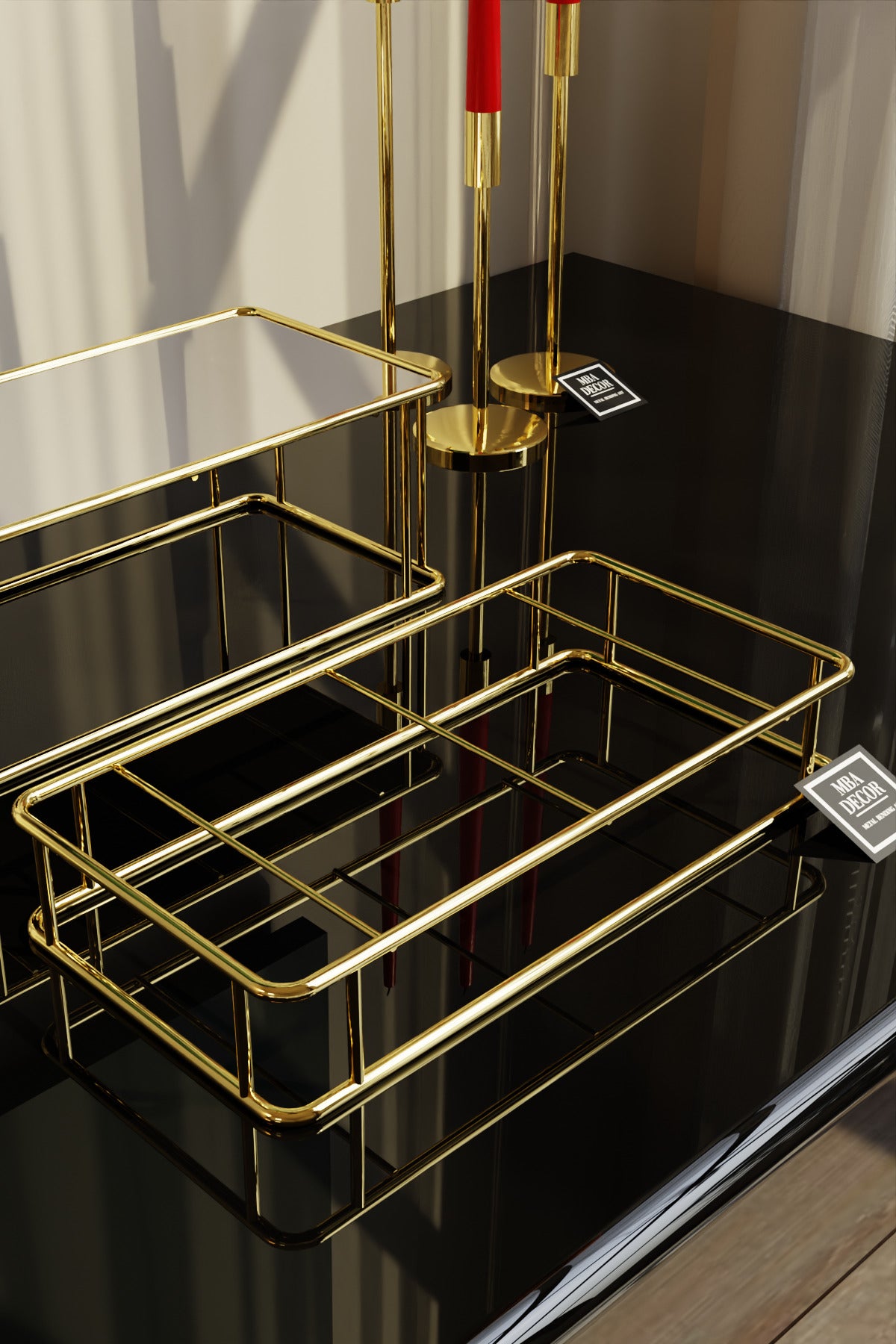 Prisma Model Gold Aynalı Sunum Tepsisi – İkili Set | Dekoratif & Şık Sunum 30x15cm