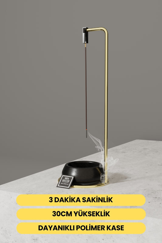 Dekoratif Tütsülük | Gold Metal Tütsü Tutucu, Kül Dökmez, Polimer Kase, 30 cm