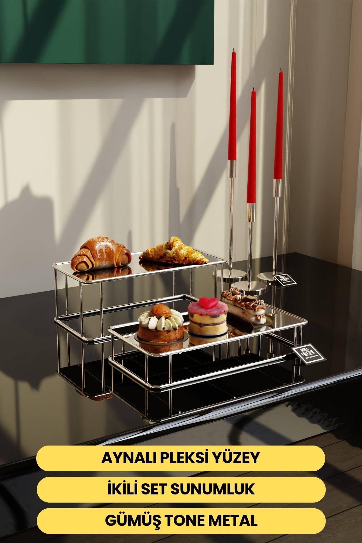 Prisma Model Gümüş Aynalı Sunum Tepsisi – İkili Set | Dekoratif & Şık Sunum 30x15cm