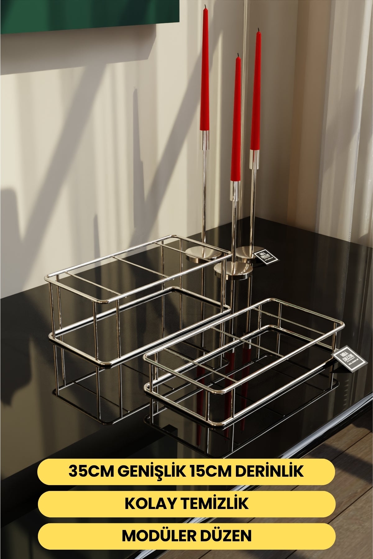 Prisma Model Gümüş Aynalı Sunum Tepsisi – İkili Set | Dekoratif & Şık Sunum 30x15cm