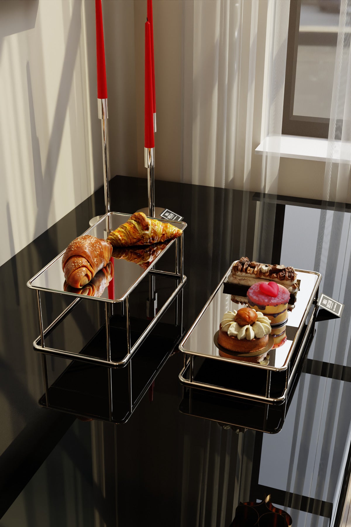 Prisma Model Gümüş Aynalı Sunum Tepsisi – İkili Set | Dekoratif & Şık Sunum 30x15cm