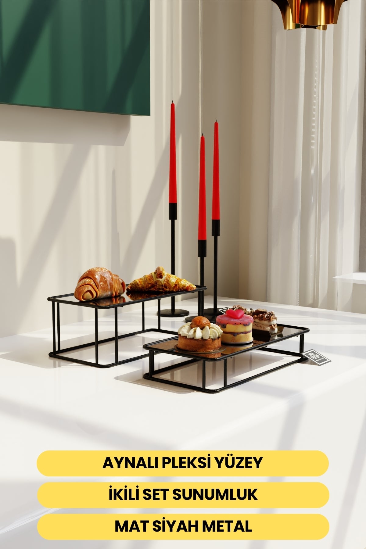 Prisma Model Siyah Aynalı Sunum Tepsisi – İkili Set | Dekoratif & Şık Sunum 30x15cm