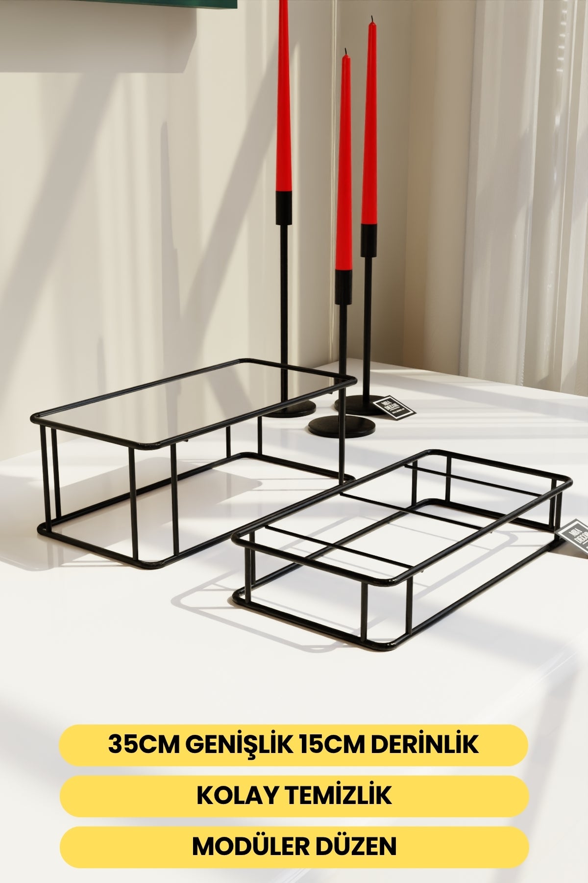 Prisma Model Siyah Aynalı Sunum Tepsisi – İkili Set | Dekoratif & Şık Sunum 30x15cm