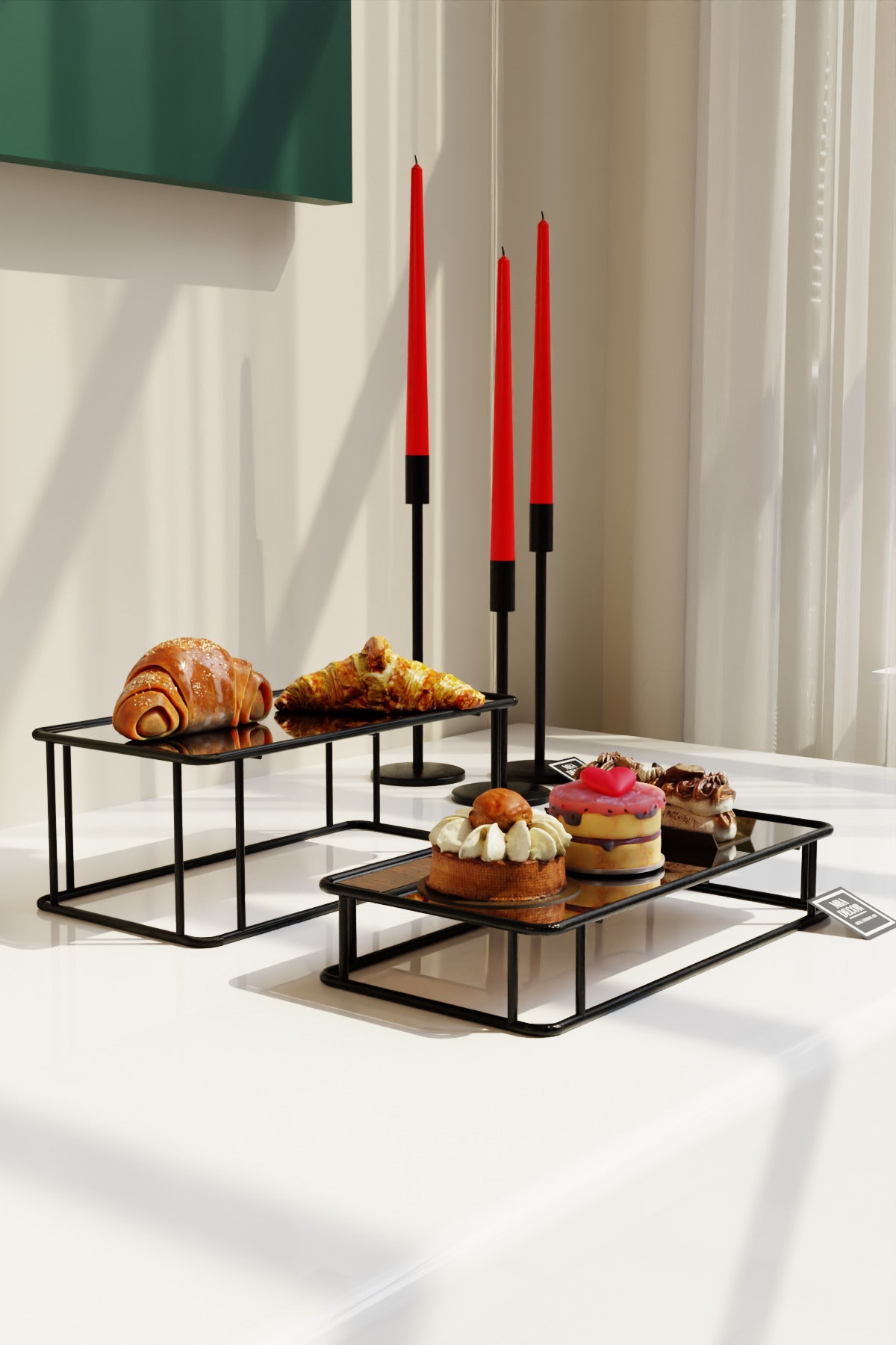Prisma Model Siyah Aynalı Sunum Tepsisi – İkili Set | Dekoratif & Şık Sunum 30x15cm