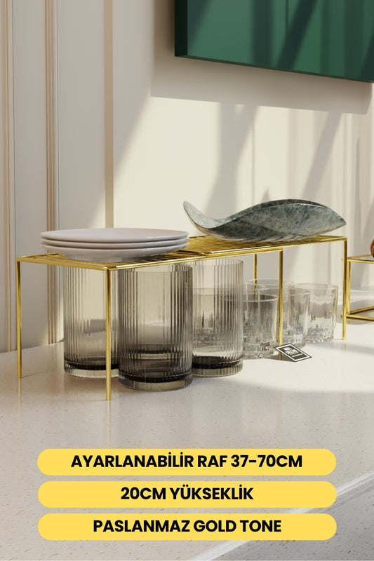 MBA Decor Gold Ayarlanabilir Raf İçi Düzenleyici | 37–70 cm Genişletilebilir Metal Organizer