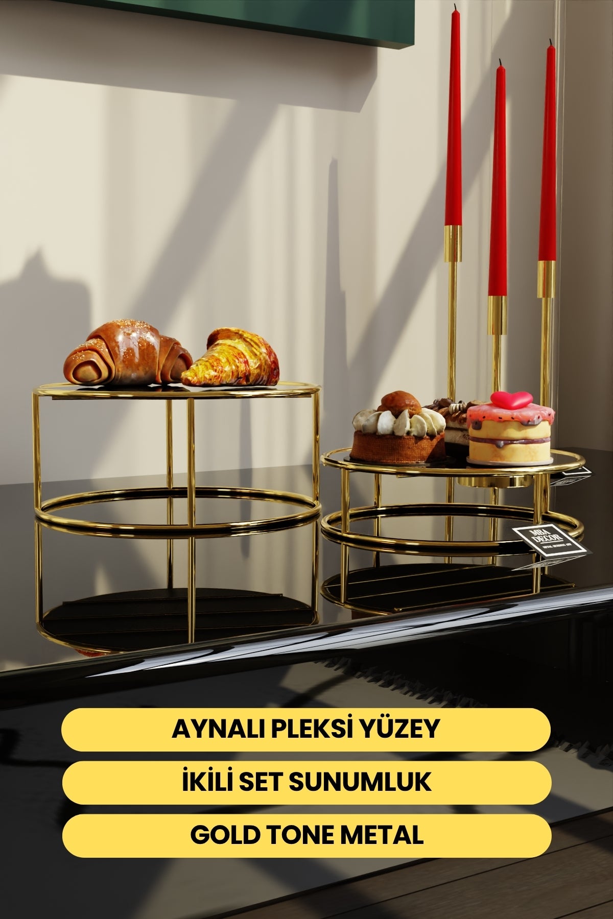 Bellezza Model Gold Aynalı Sunum Tepsisi – İkili Set | Dekoratif & Şık Sunum 24cm 20cm Çap