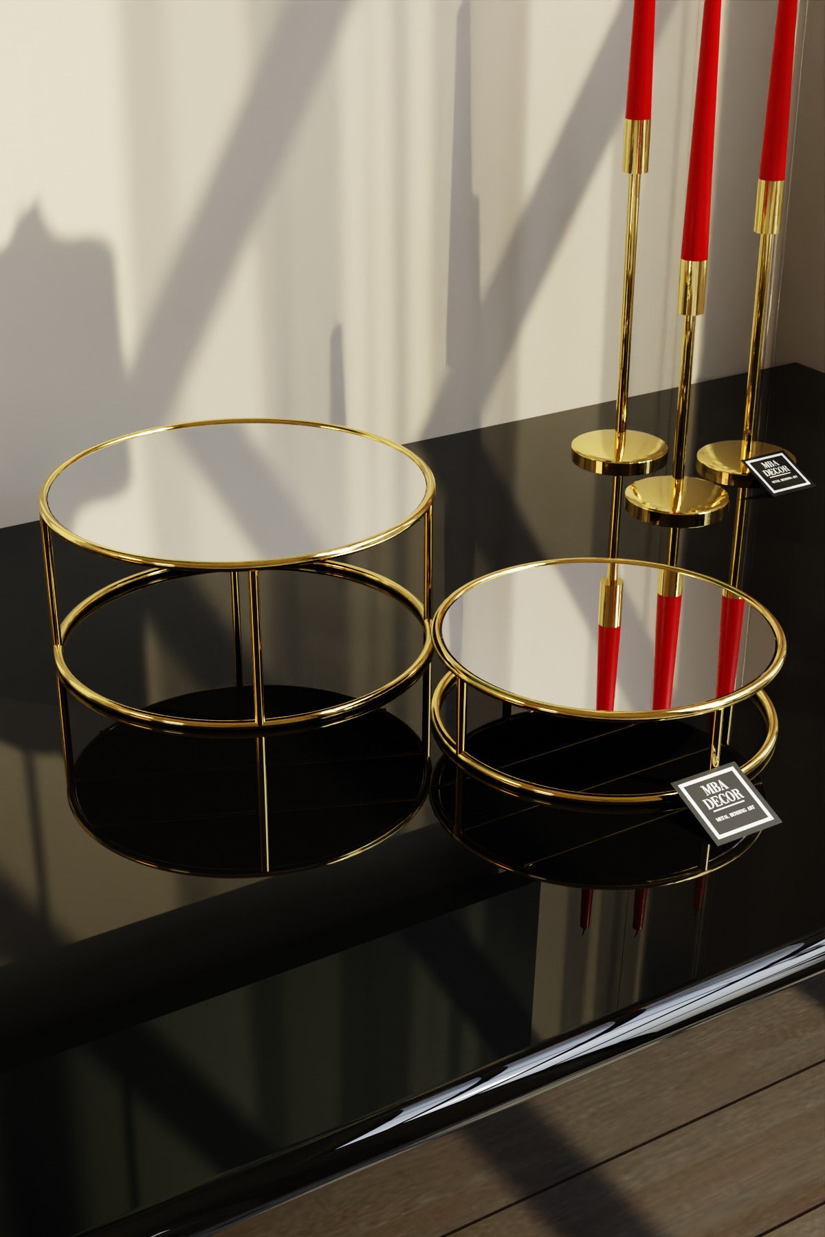 Bellezza Model Gold Aynalı Sunum Tepsisi – İkili Set | Dekoratif & Şık Sunum 24cm 20cm Çap