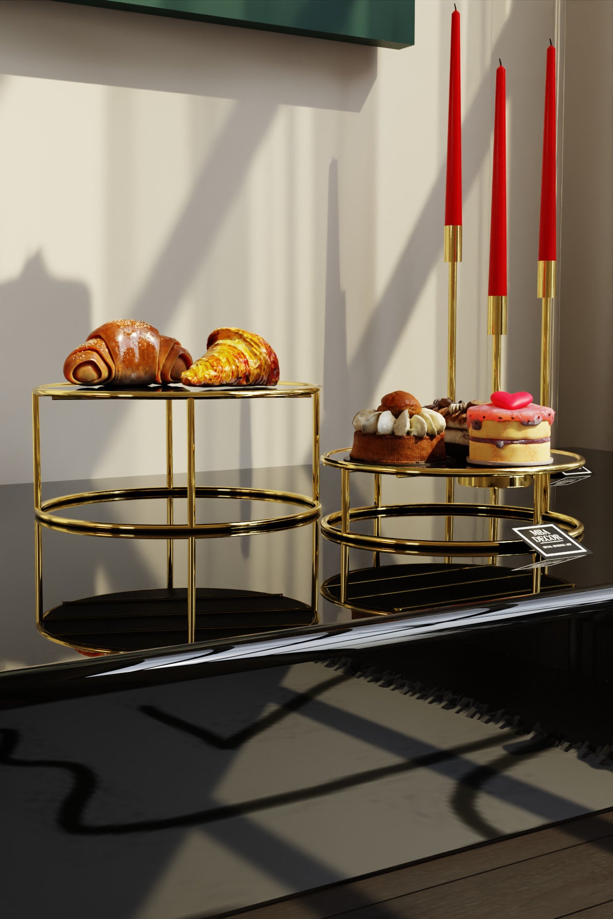 Bellezza Model Gold Aynalı Sunum Tepsisi – İkili Set | Dekoratif & Şık Sunum 24cm 20cm Çap