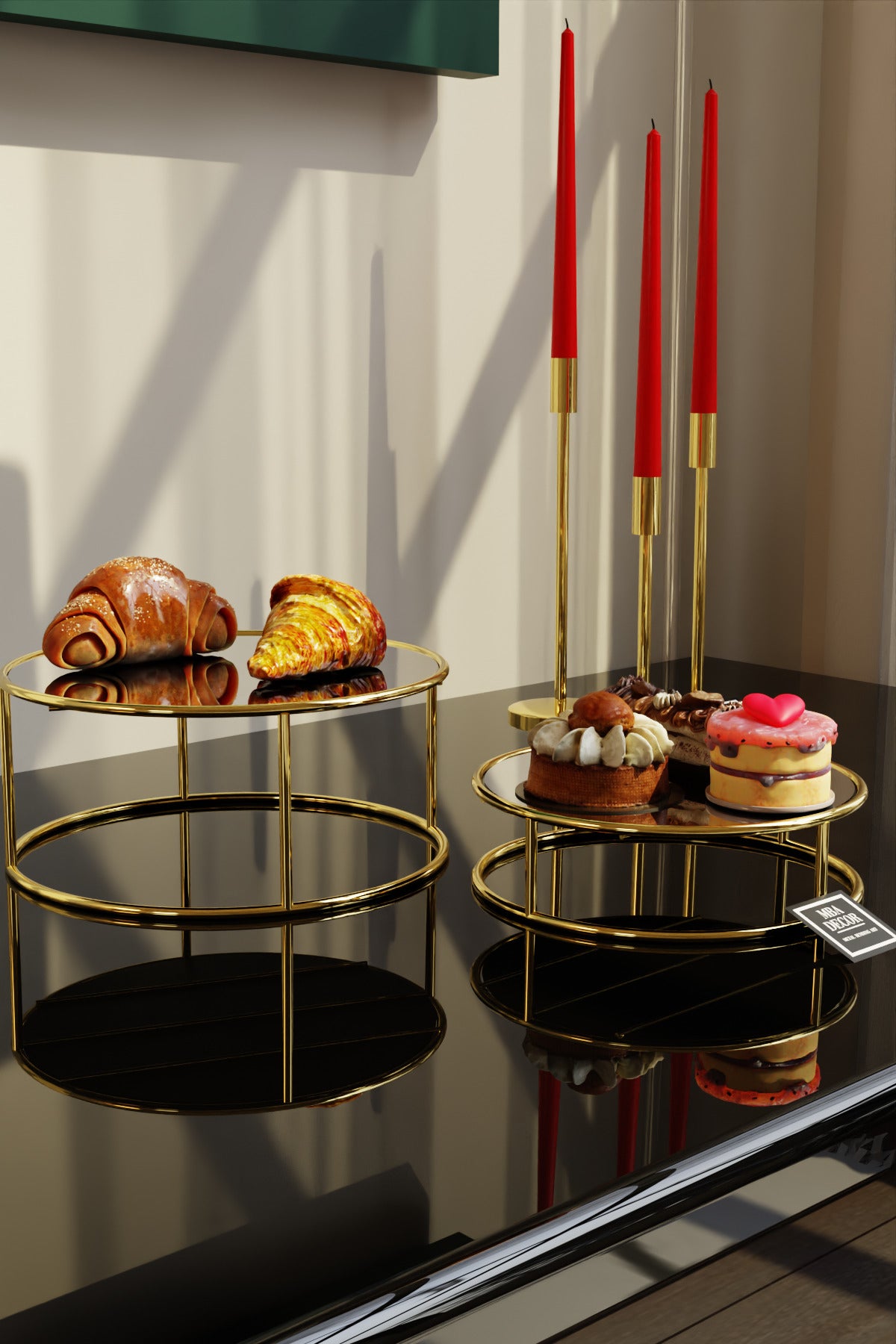 Bellezza Model Gold Aynalı Sunum Tepsisi – İkili Set | Dekoratif & Şık Sunum 24cm 20cm Çap