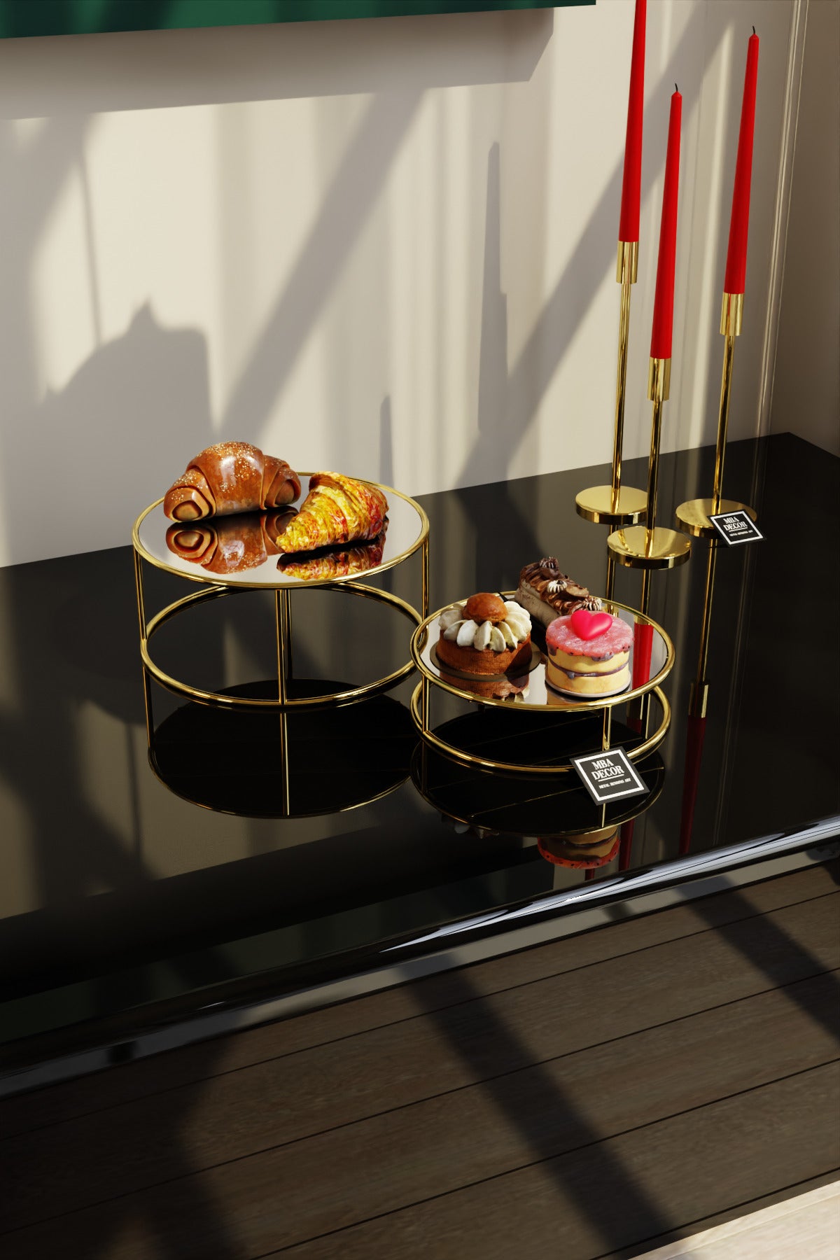 Bellezza Model Gold Aynalı Sunum Tepsisi – İkili Set | Dekoratif & Şık Sunum 24cm 20cm Çap