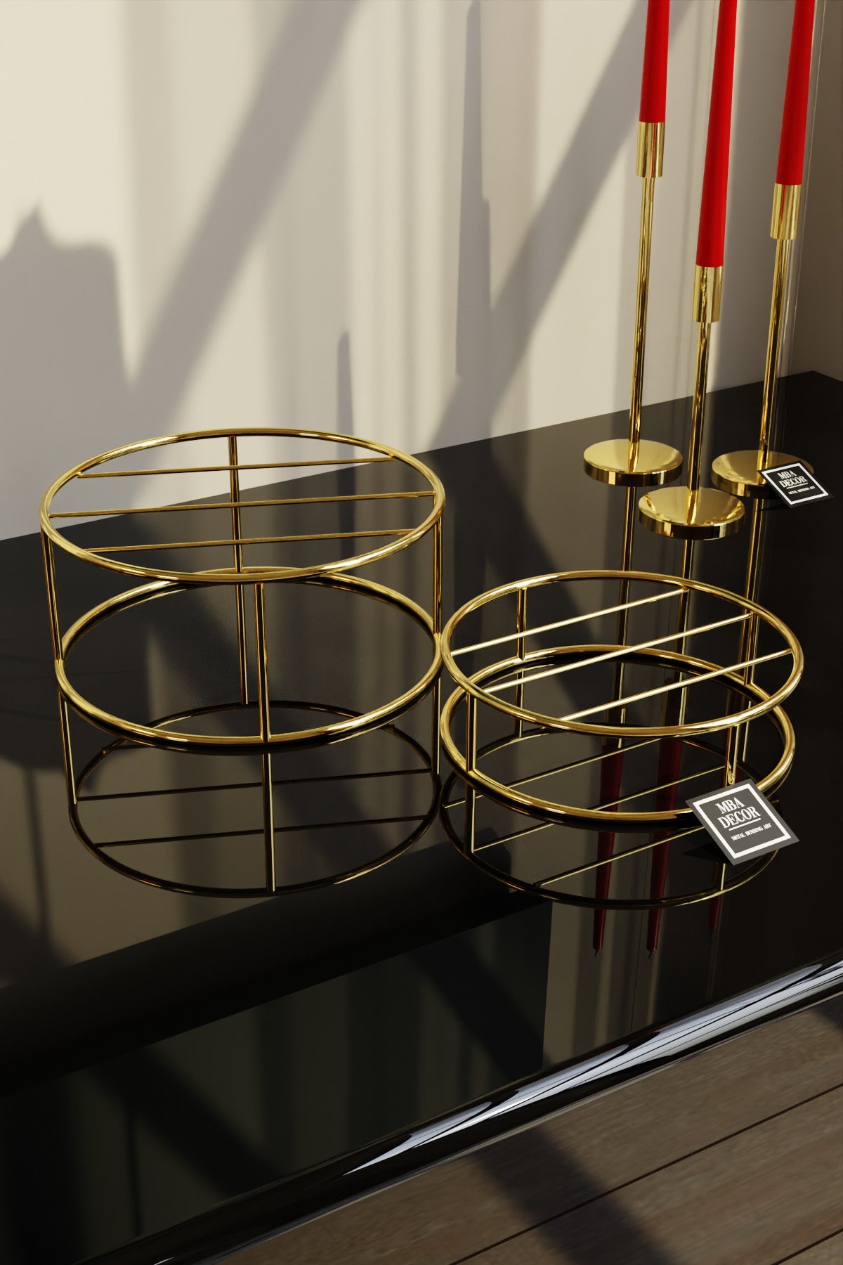 Bellezza Model Gold Aynalı Sunum Tepsisi – İkili Set | Dekoratif & Şık Sunum 24cm 20cm Çap