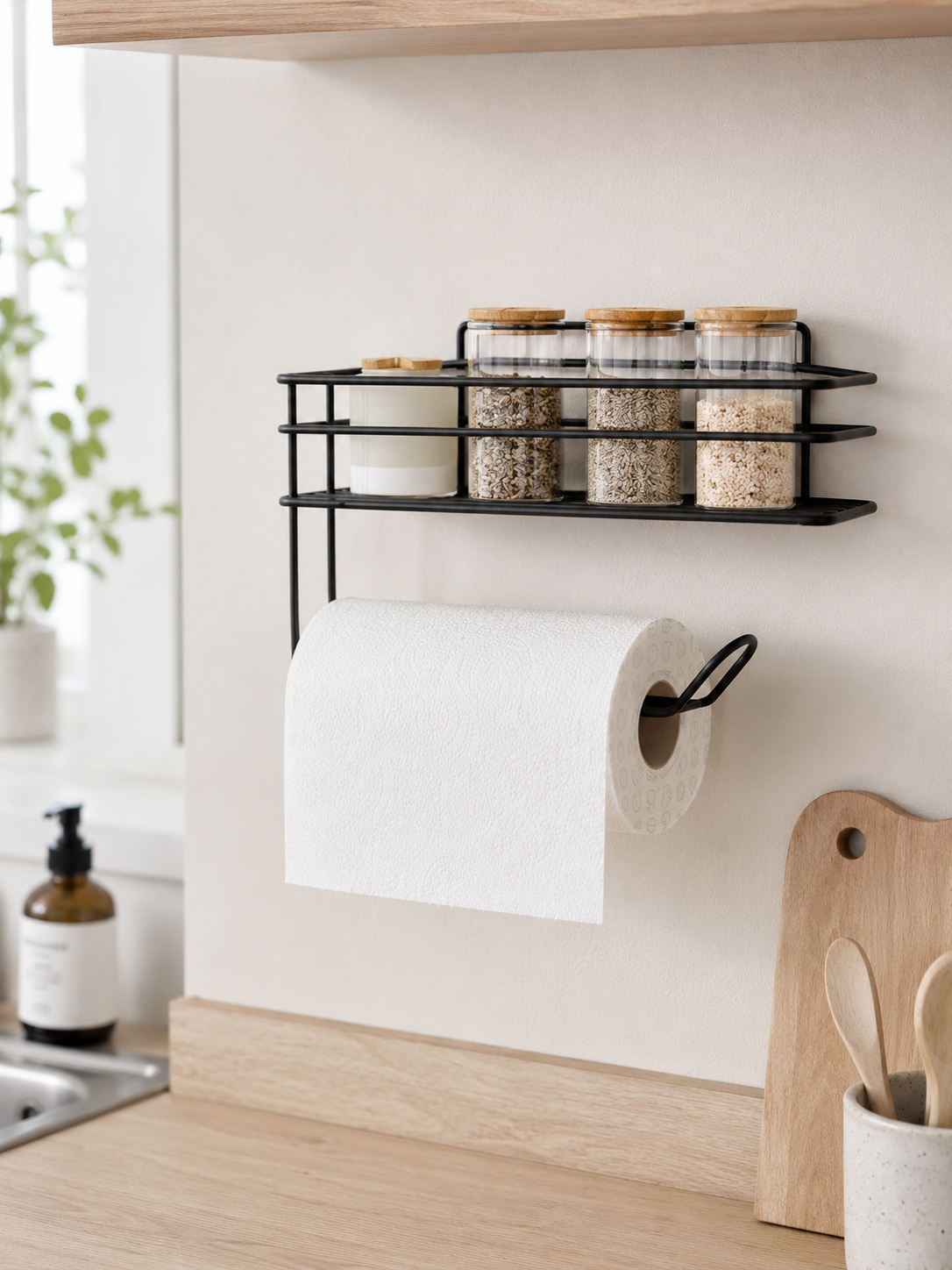Yapışkanlı Siyah Metal Baharatlık ve Kağıt Havluluk 30 cm
