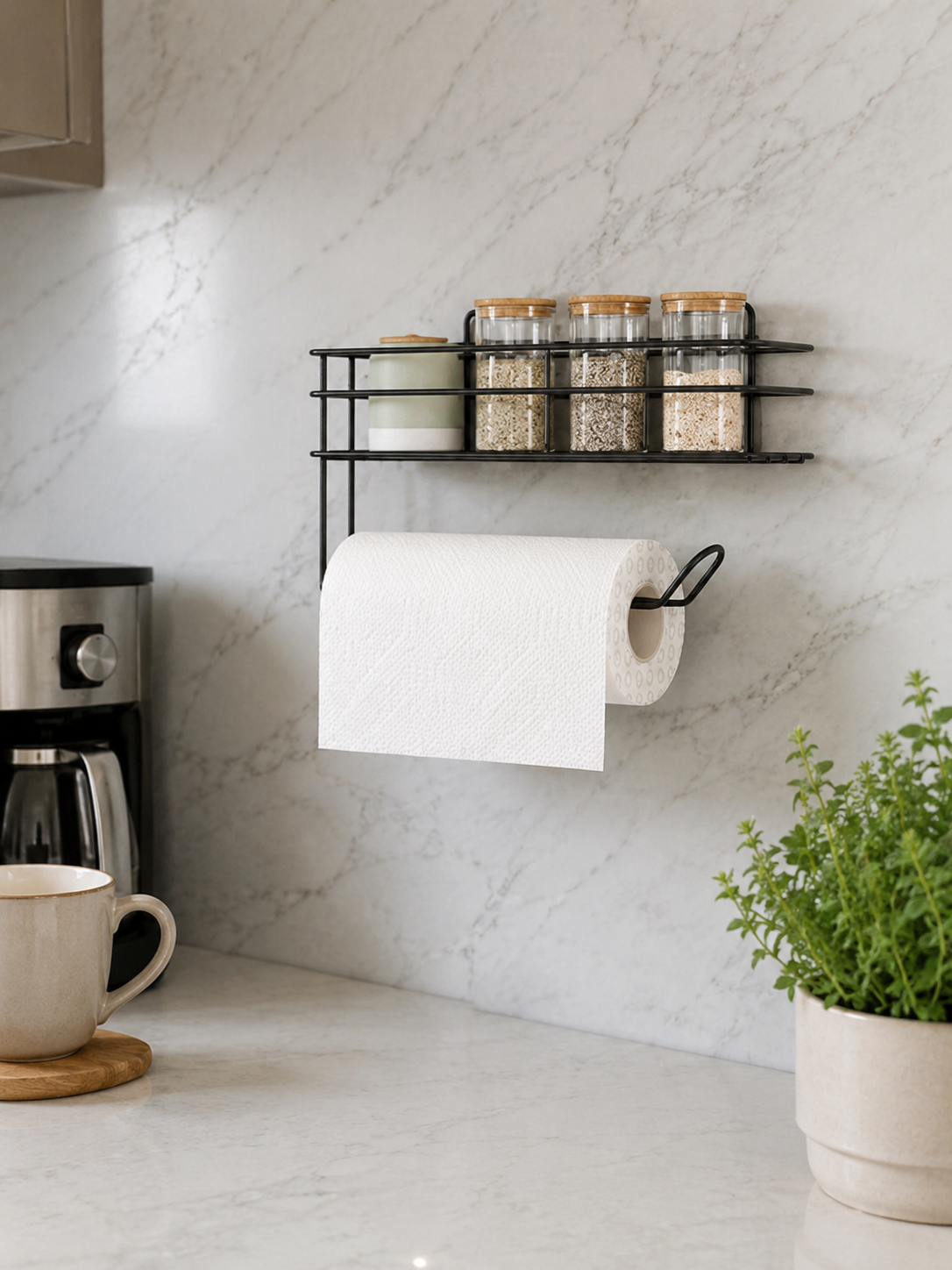 Yapışkanlı Siyah Metal Baharatlık ve Kağıt Havluluk 30 cm