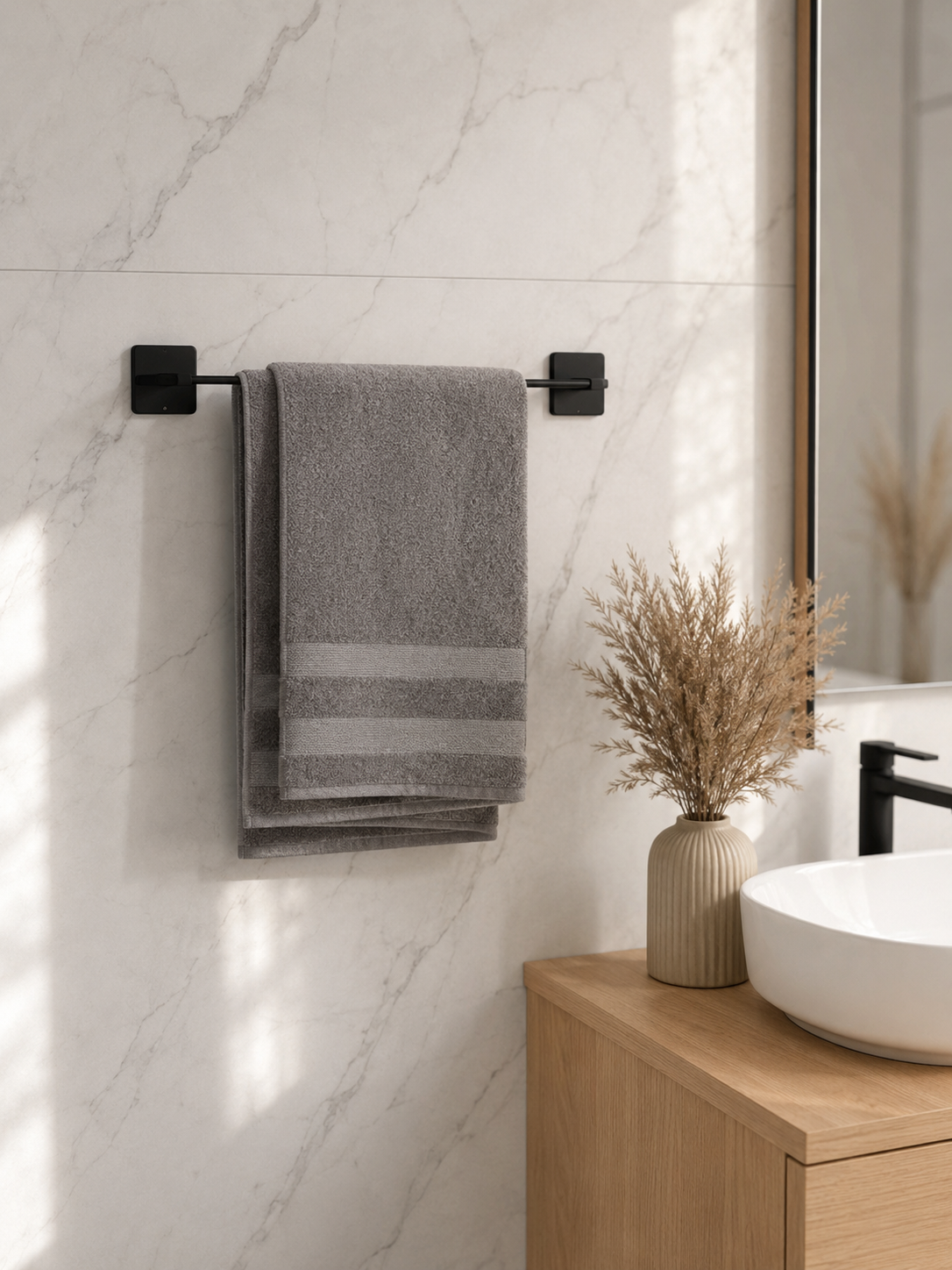 Yapışkanlı Siyah Metal Uzun Banyo Havluluğu 43 cm