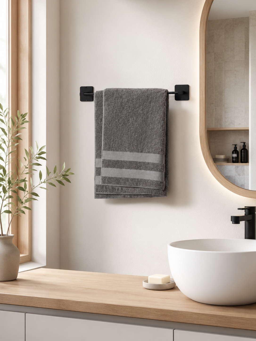Yapışkanlı Siyah Metal Uzun Banyo Havluluğu 43 cm