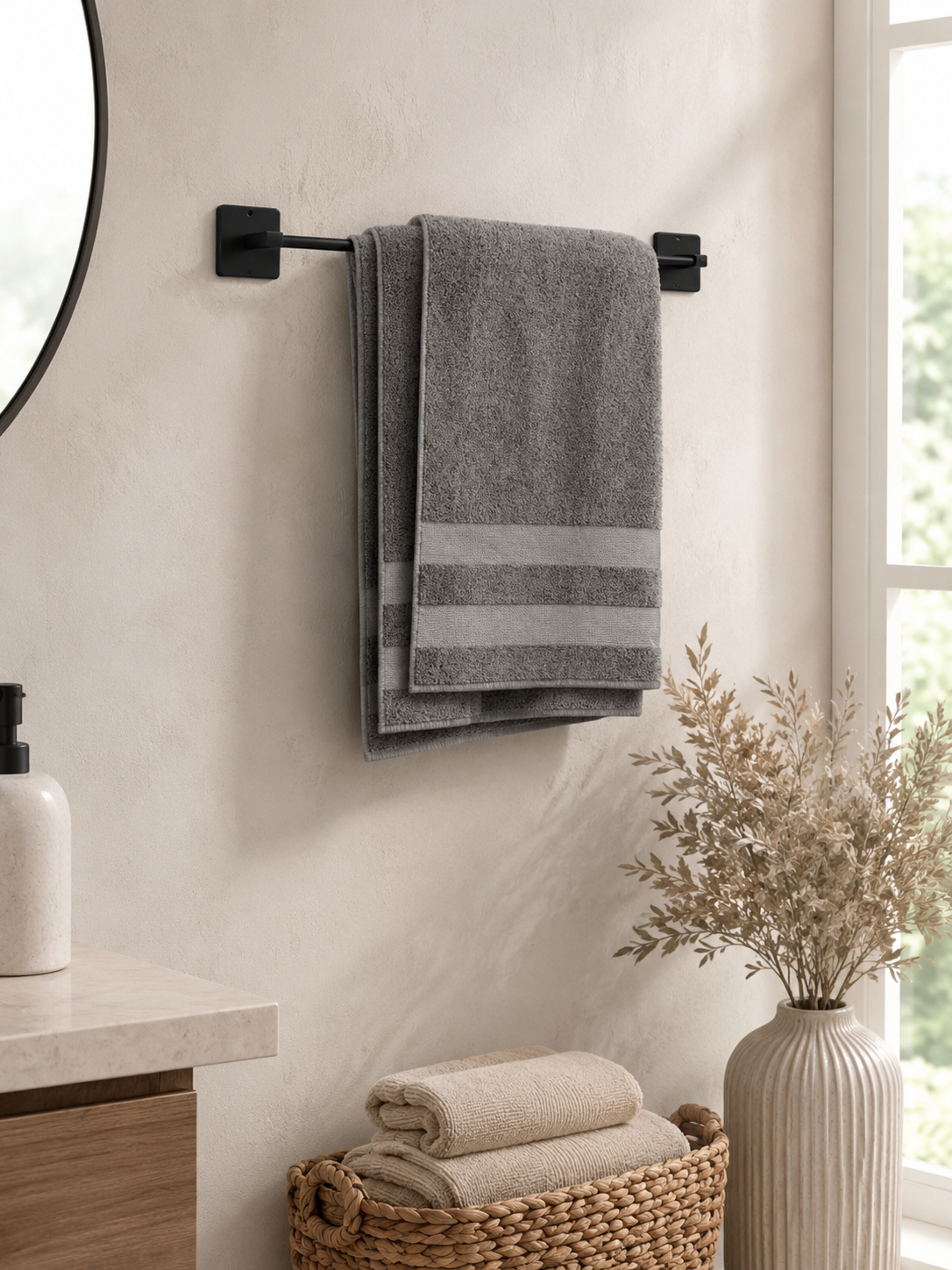 Yapışkanlı Siyah Metal Uzun Banyo Havluluğu 43 cm